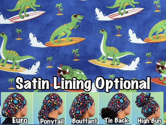 Surfing dinosaur scrub cap