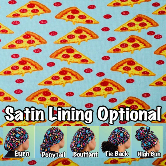 Pizza on blue scrub cap
