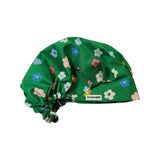 Textured flowers on green scrub cap