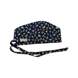 Mini. mushrooms on navy scrub cap