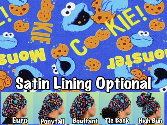 Character. scrub cap ( made with licensed Cookie Monster fabric)