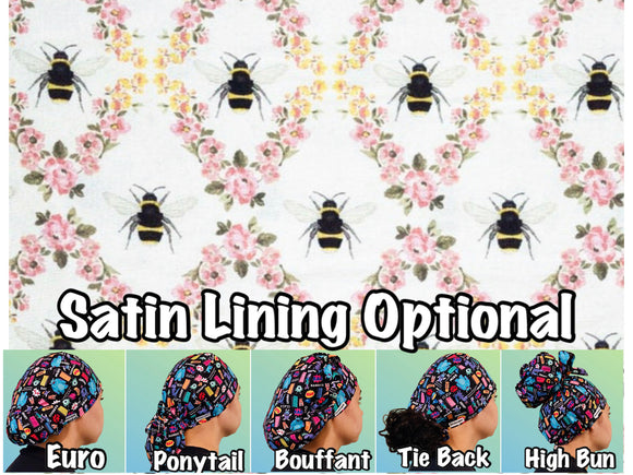 Bees and flowers scrub cap