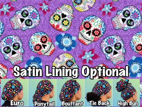 Sugar Skulls on purple scrub cap