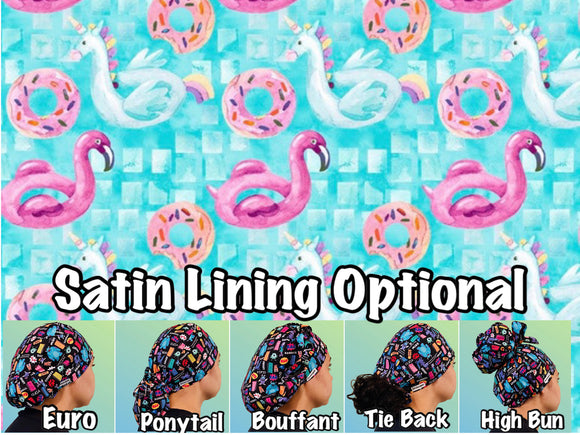 Pool time unicorns and donuts scrub cap