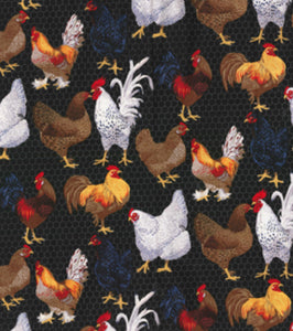 Farm. chickens on black scrub cap